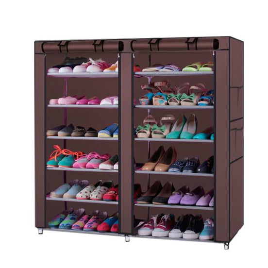 Non-woven fabric shoe rack with 6 rows and 12 lattices in brown, fully stocked with various shoes, ideal for compact shoe storage.