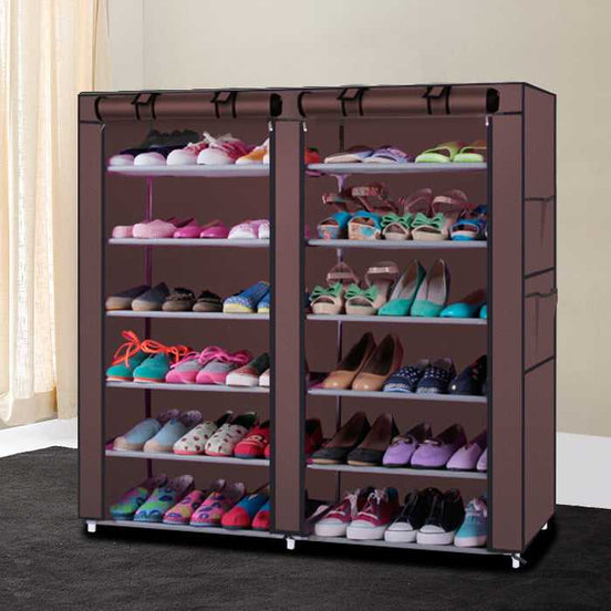 Compact non-woven fabric shoe rack with 6 rows and 12 lattices placed in a home setting, showcasing organized footwear storage.