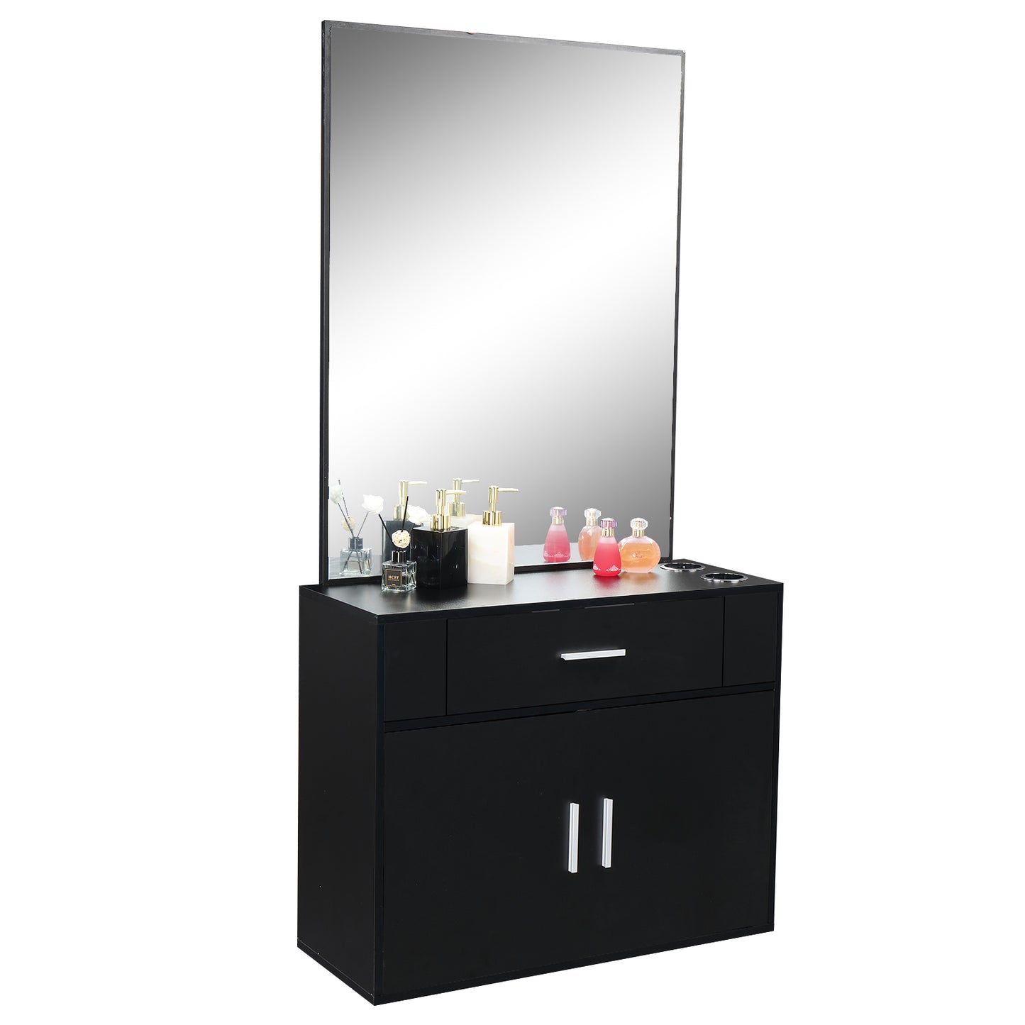 Chipboard linen top 1 drawer 1 door with mirror Salon cabinet black