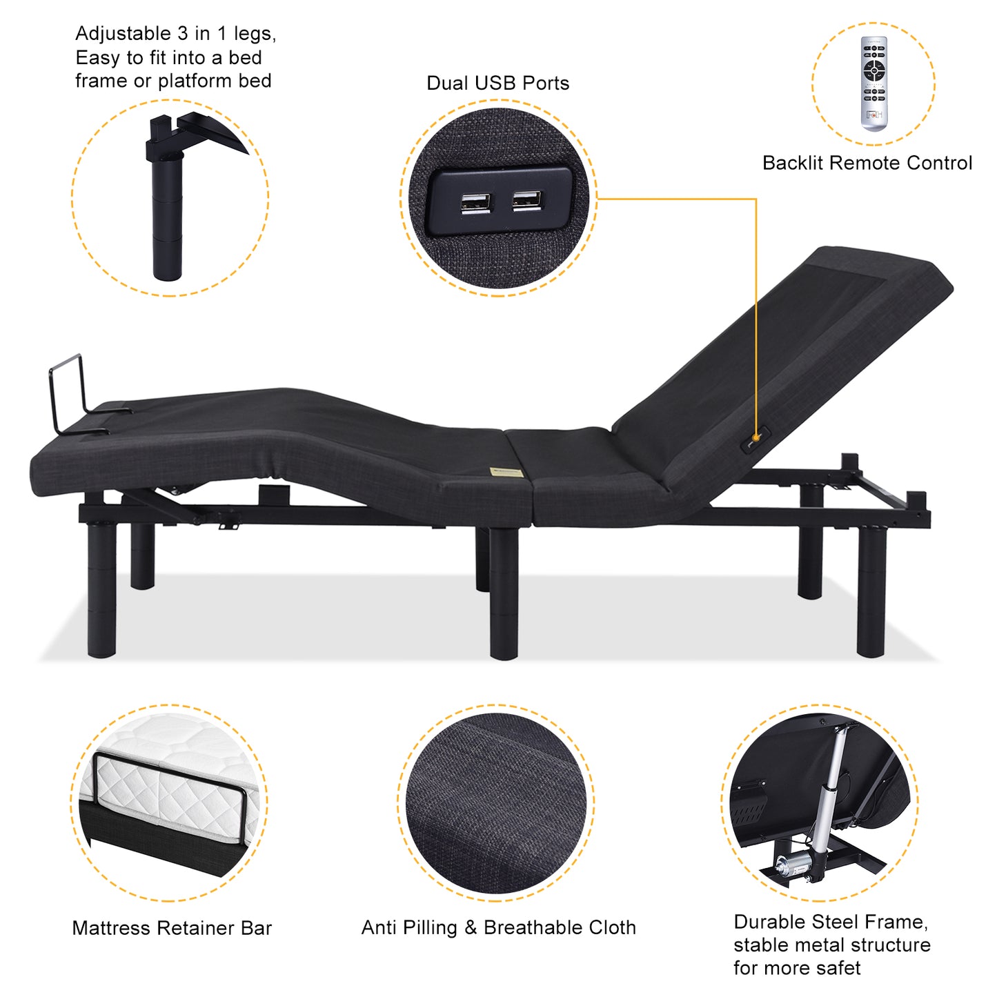 Point Massage Electric Lift Bed, Dual Motors, Wireless Remote Control