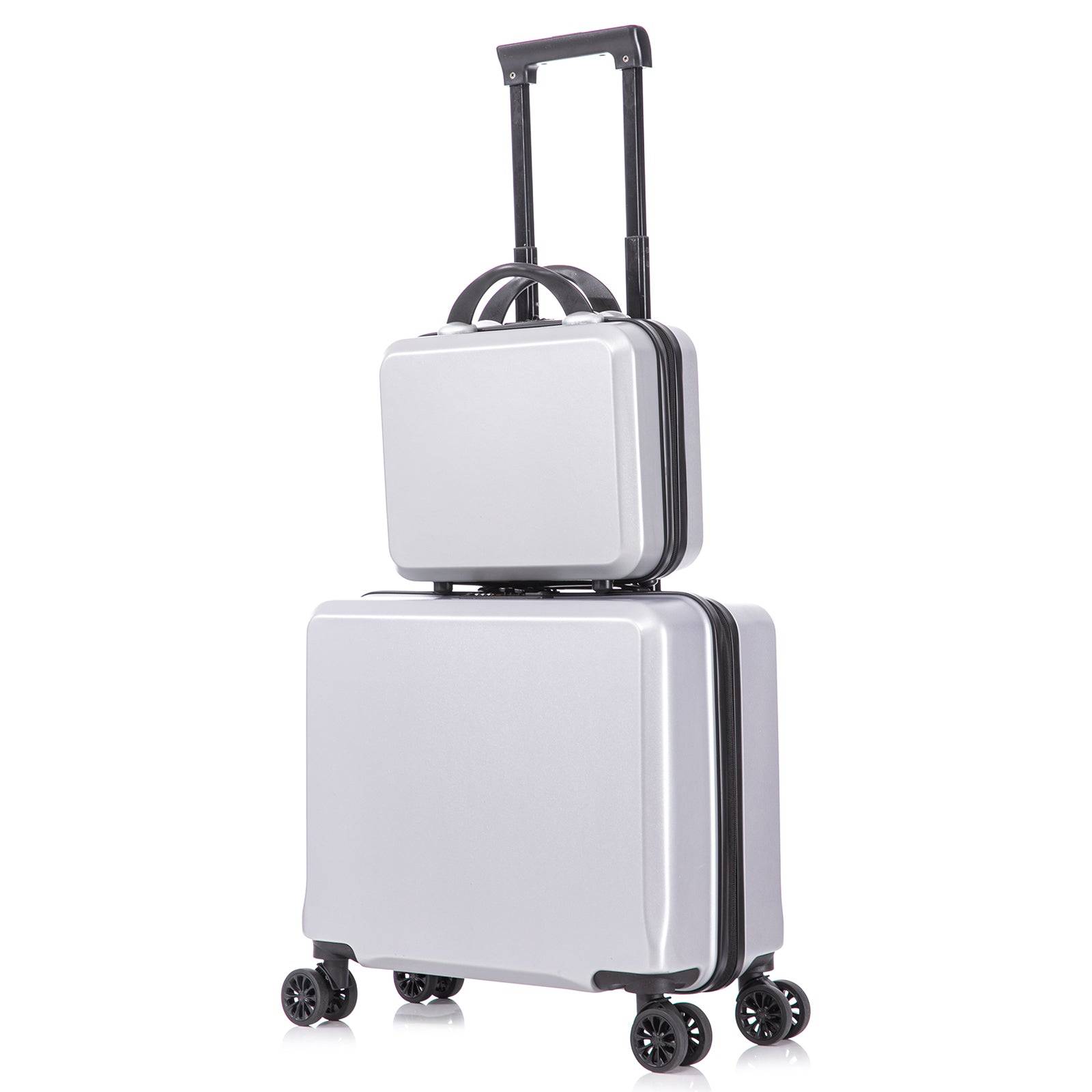 2 Piece Travel Luggage Set Hardshell Suitcase with Spinner Wheels 18” Underseat luggage and 14” Cosmetic Travel case Toiletry box Silver