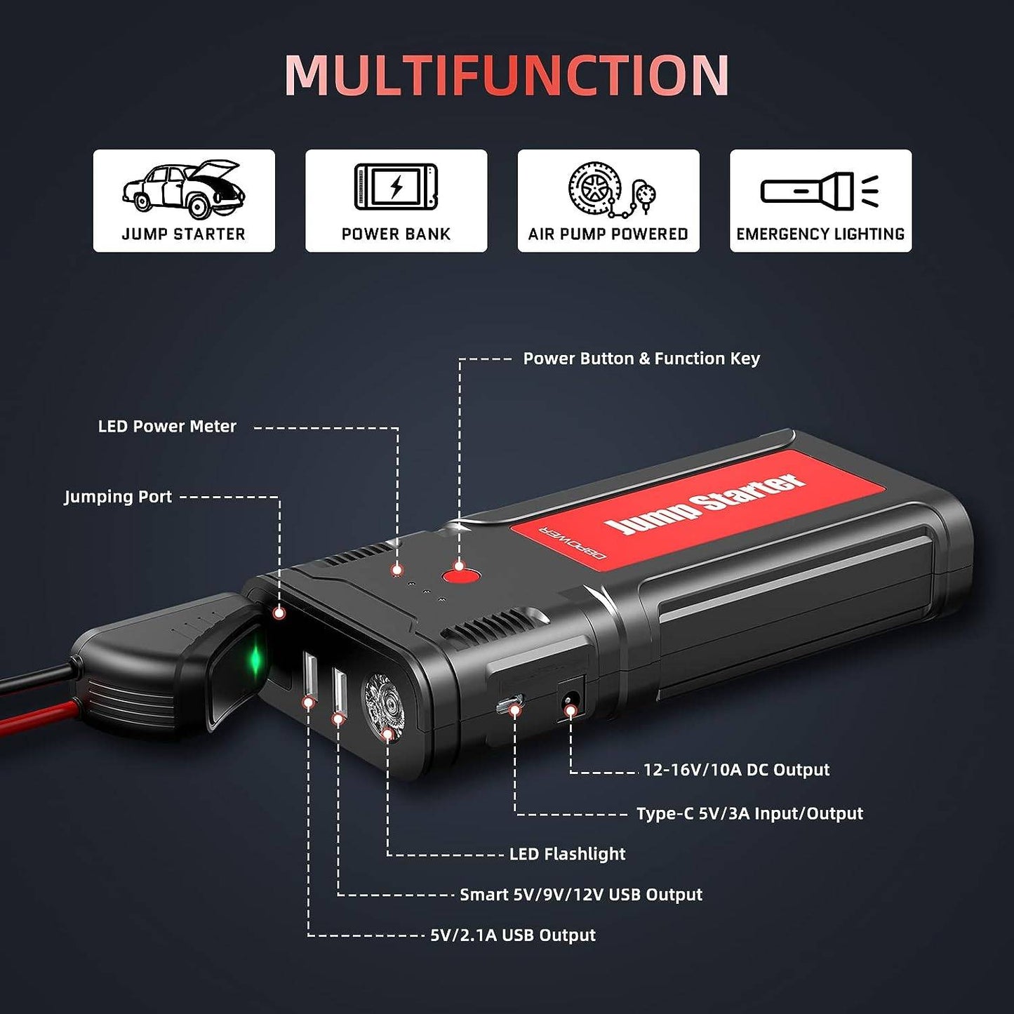 DBPOWER Jump Starter Battery Pack, 2750A Peak 76.96Wh, Portable Car Jump Starter (Up to 10L Gas/8L Diesel Engine) 12V Auto Battery Booster