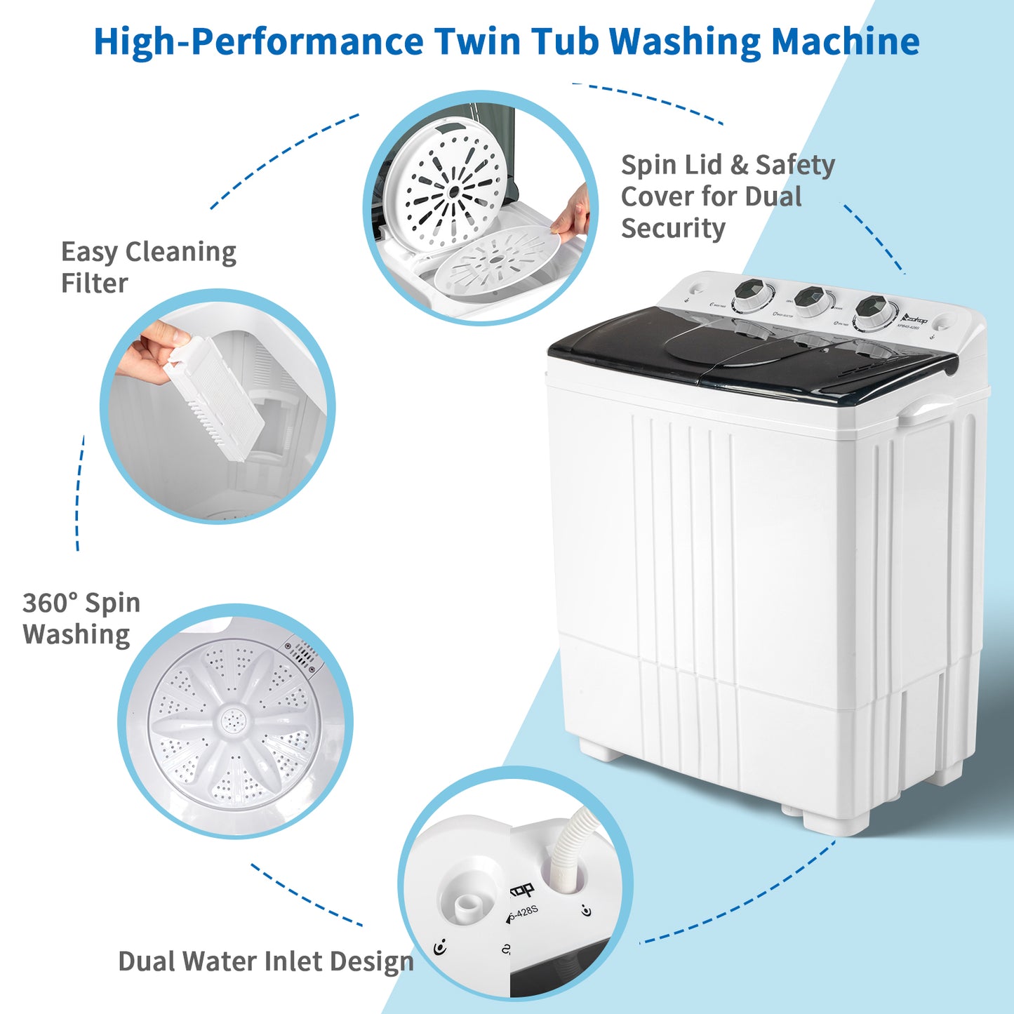 Twin Tub with Built-in Drain Pump XPB45-428S 20Lbs Semi-automatic Twin Tube Washing Machine White & Black