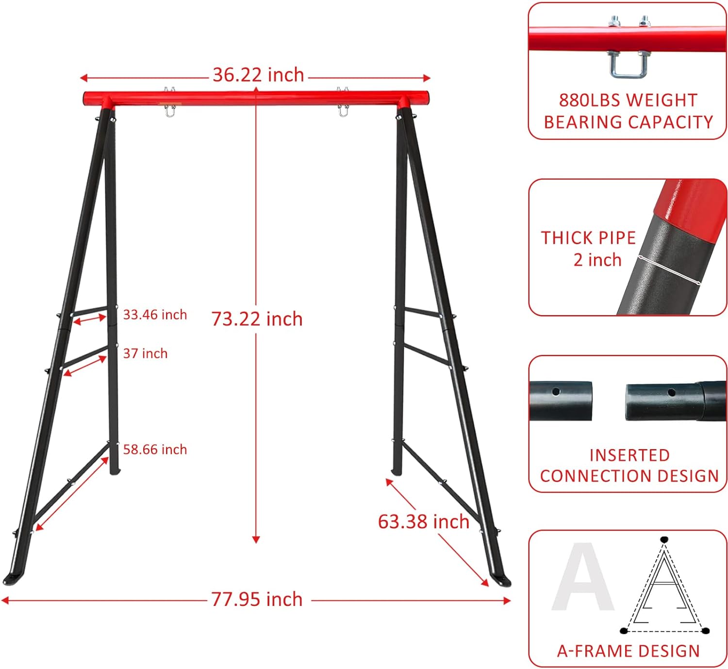 Swing Stand Frame, Swing Set Frame for Both Kids and Adults,880 Lbs Heavy-Duty Metal A-Frame Backyard Swing for Indoor Outdoor, Red(Without Swing)