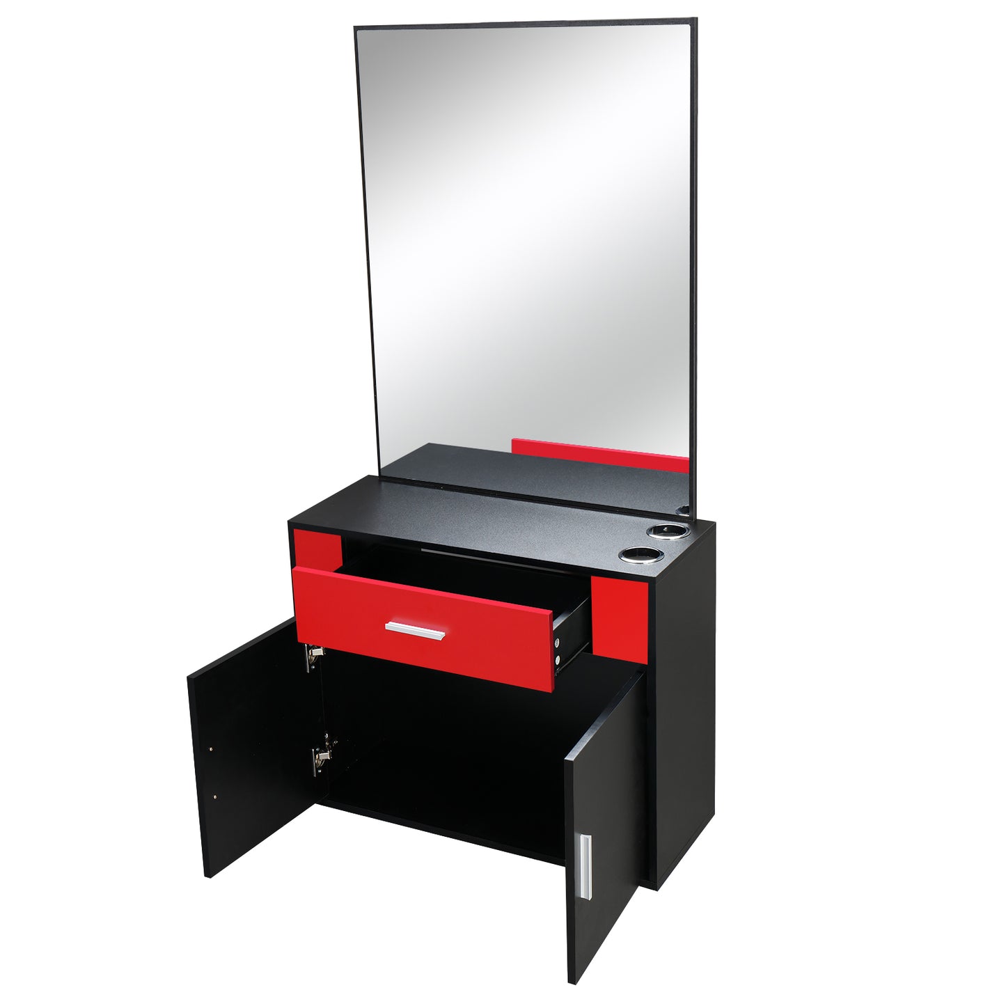 Chipboard linen top 1 drawer 1 door with mirror Salon cabinet black and red