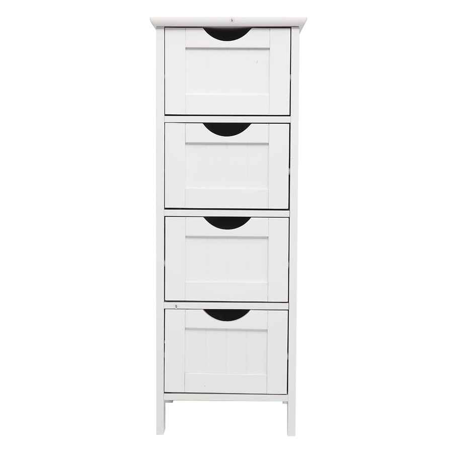 White cabinet with four drawers on a white background