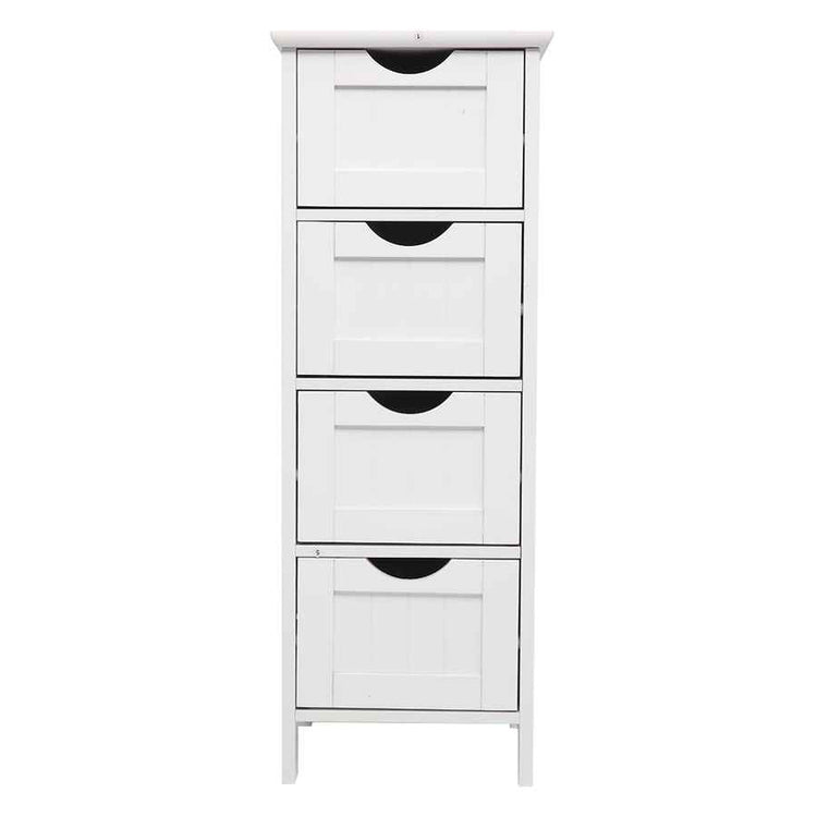 White cabinet with four drawers on a white background