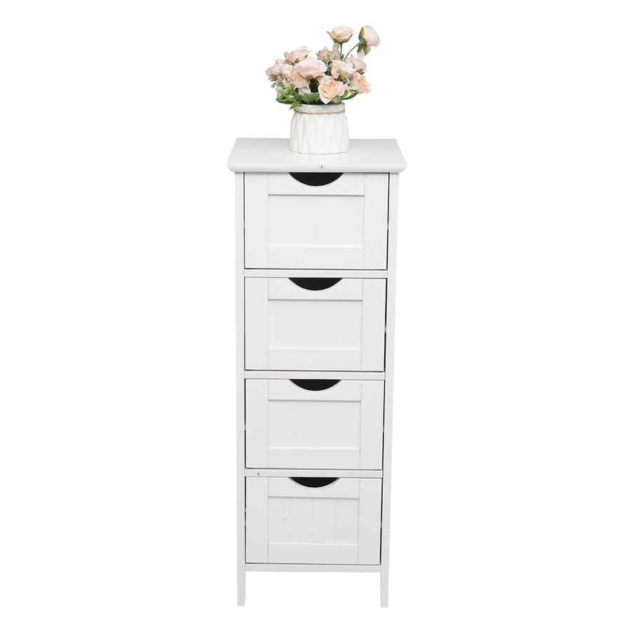 White cabinet with four drawers and a vase of flowers on a white background