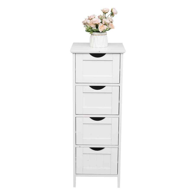 White cabinet with four drawers and a vase of flowers on a white background