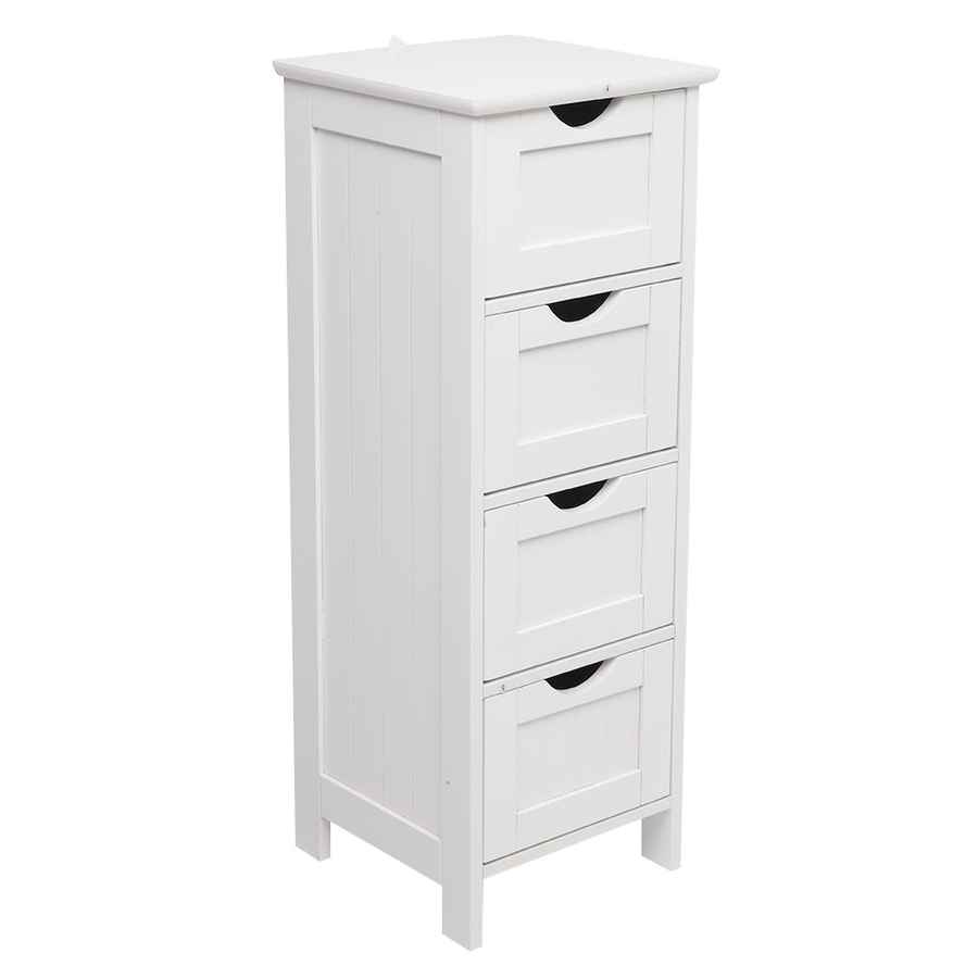 White wooden cabinet with four drawers on a white background