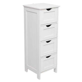 White wooden cabinet with four drawers on a white background