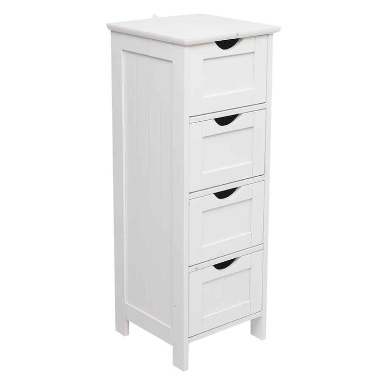 White wooden cabinet with four drawers on a white background