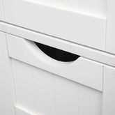 Close-up of a white cabinet with a black handle