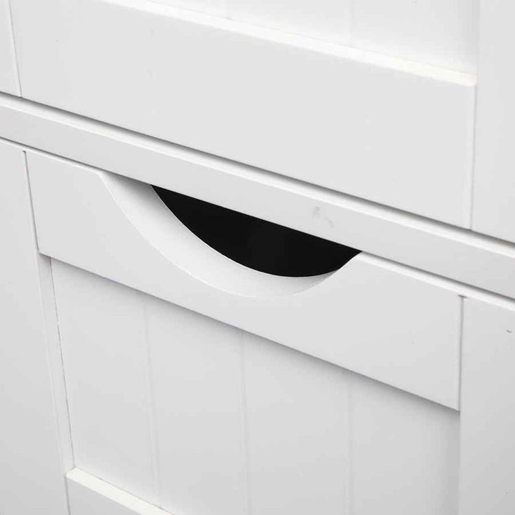 Close-up of a white cabinet with a black handle