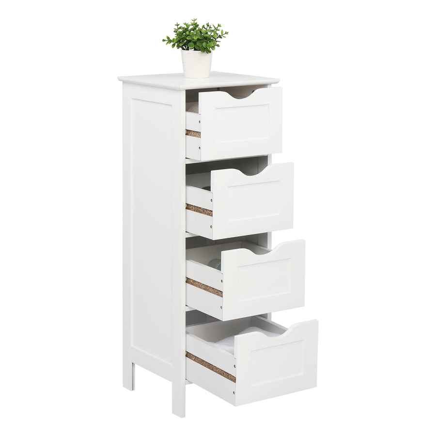 White dresser with multiple drawers and a potted plant on top against a white background