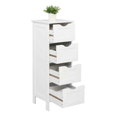 White dresser with multiple drawers and a potted plant on top against a white background