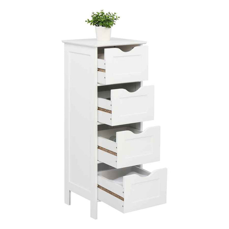 White dresser with multiple drawers and a potted plant on top against a white background