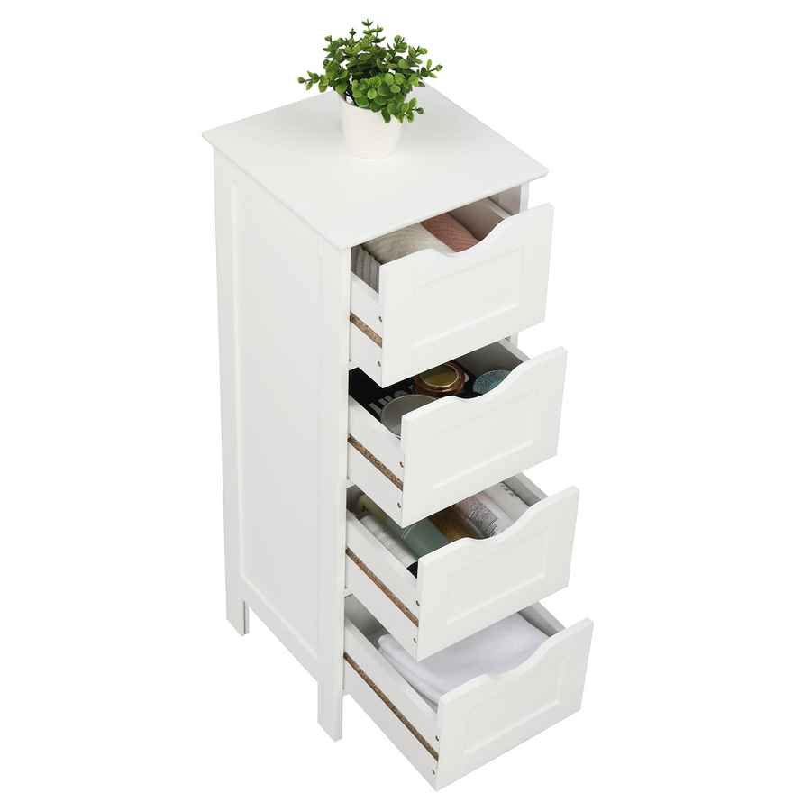 White wooden dresser with four drawers and a plant on top against a white background