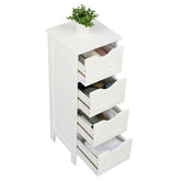 White wooden dresser with four drawers and a plant on top against a white background