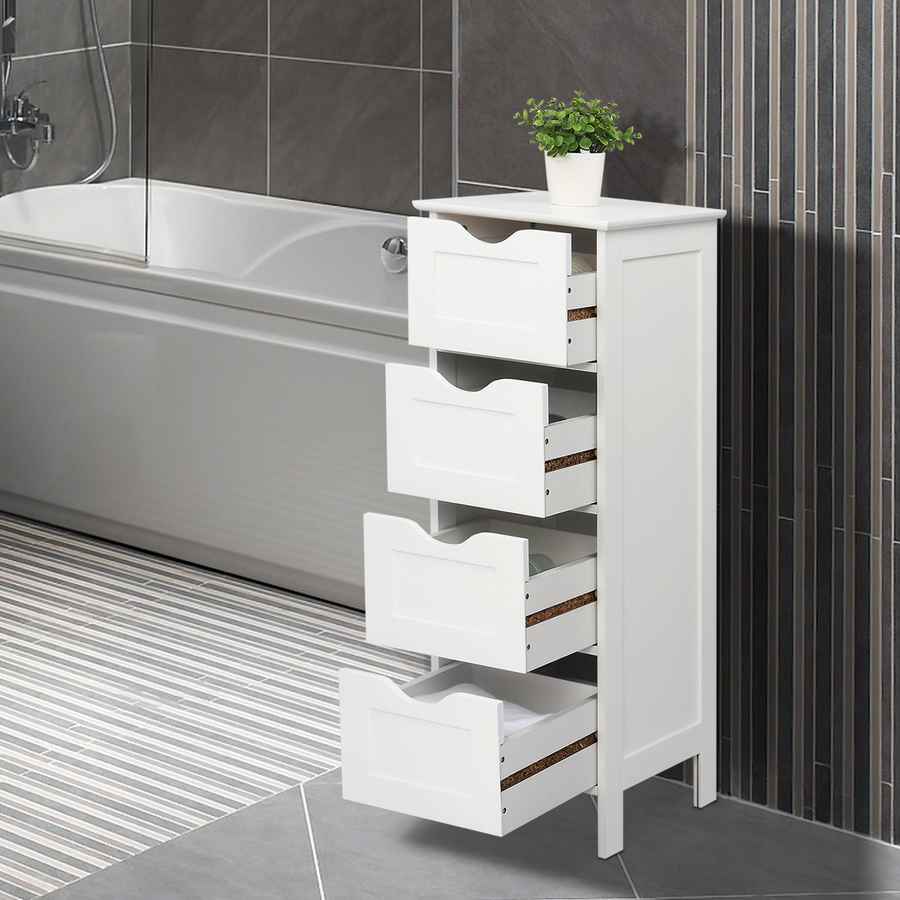 White wooden cabinet with drawers in a bathroom setting