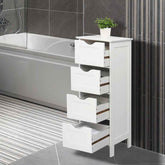 White wooden cabinet with drawers in a bathroom setting
