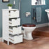 Bathroom with white vanity cabinet, toilet, and towel rack.