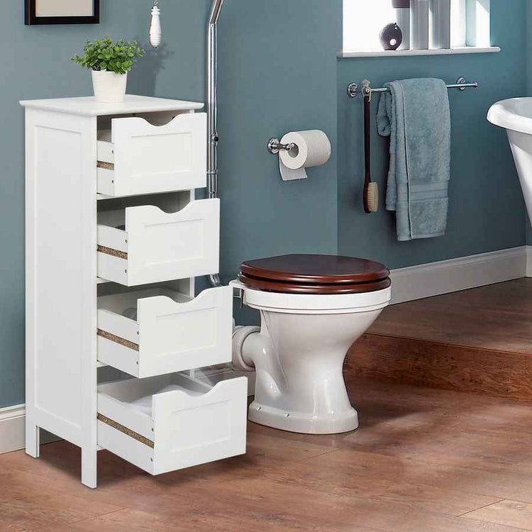 Bathroom with white vanity cabinet, toilet, and towel rack.