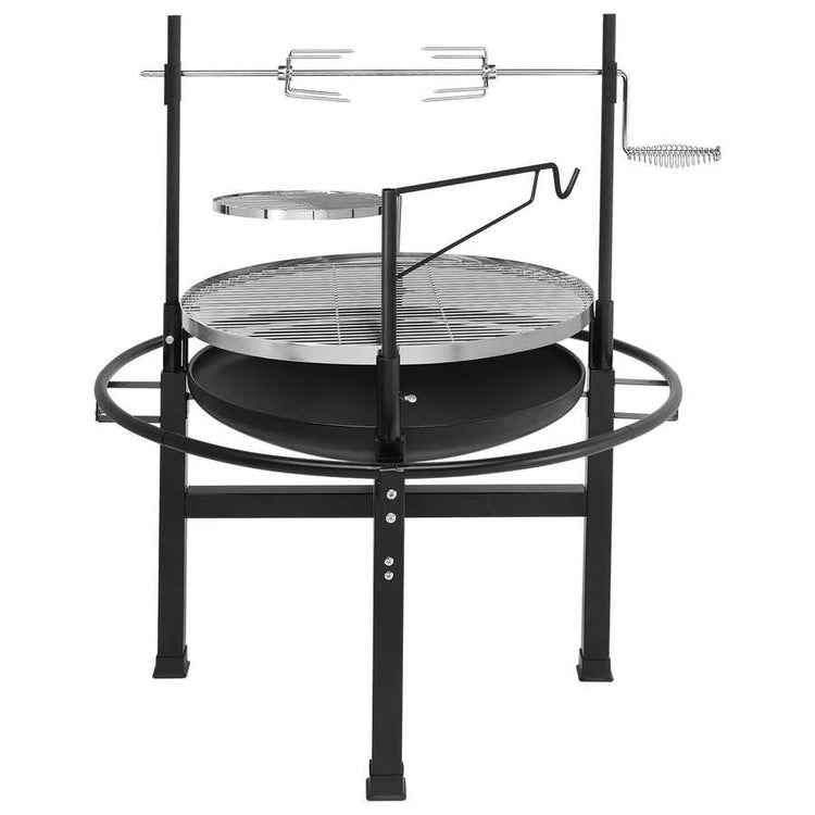Outdoor grill with multiple cooking rings and skewers on a white background