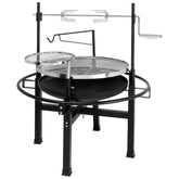 Outdoor grill with multiple cooking compartments on a white background