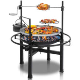 Multi-tiered outdoor grill with various foods cooking on a white background
