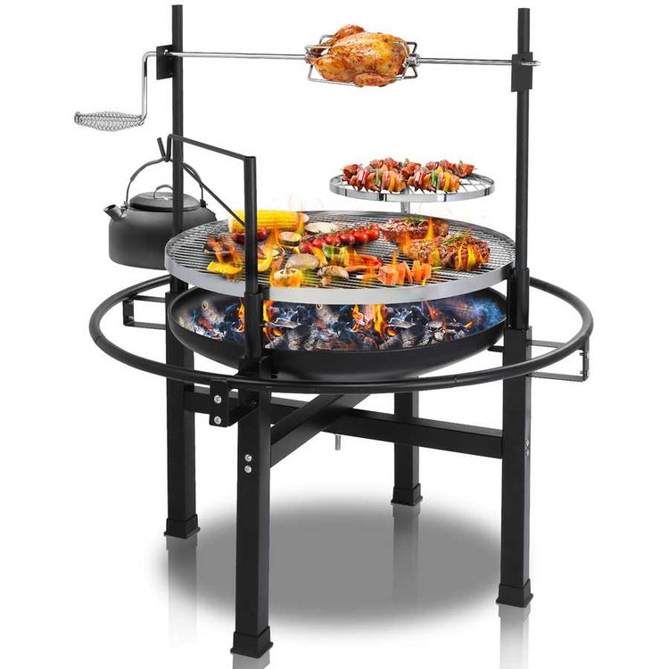 Multi-tiered outdoor grill with various foods cooking on a white background