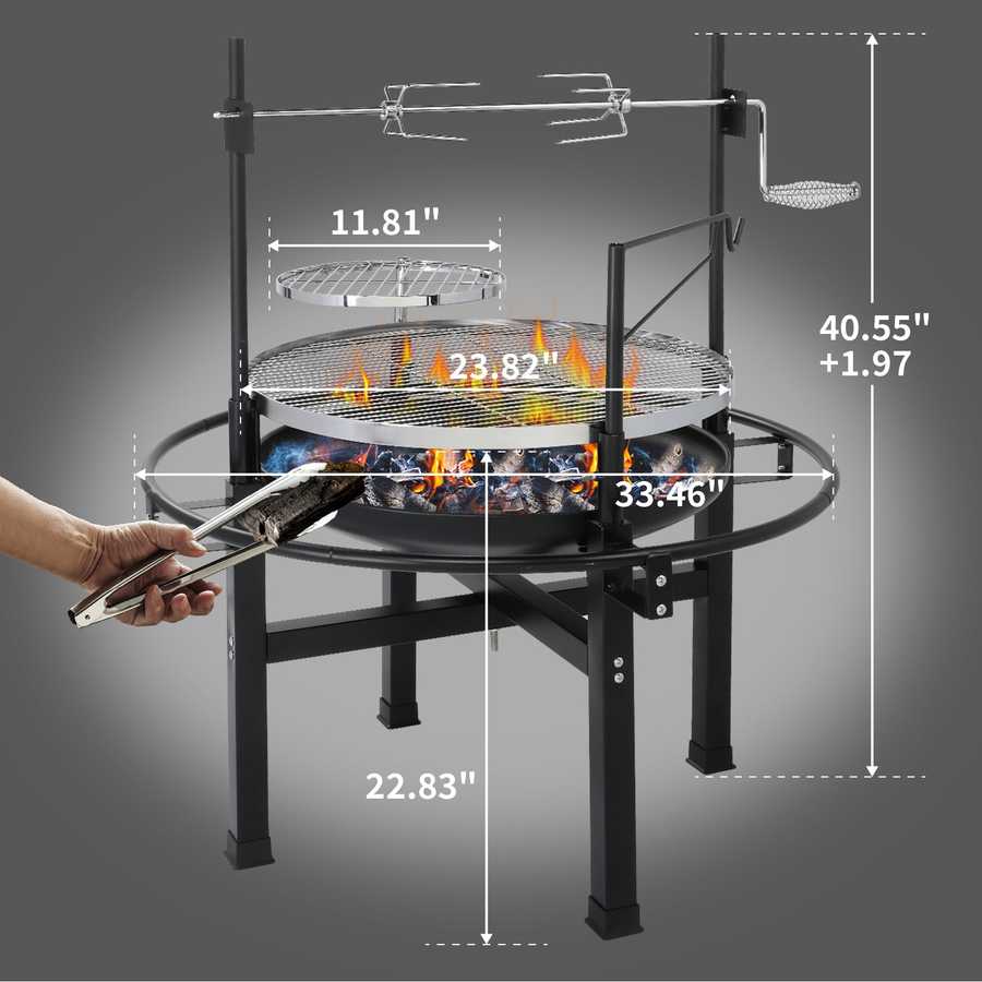 Outdoor grill with dimensions and a hand holding tongs on a gray background