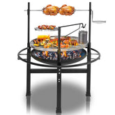 Outdoor grill with food being cooked on a white background