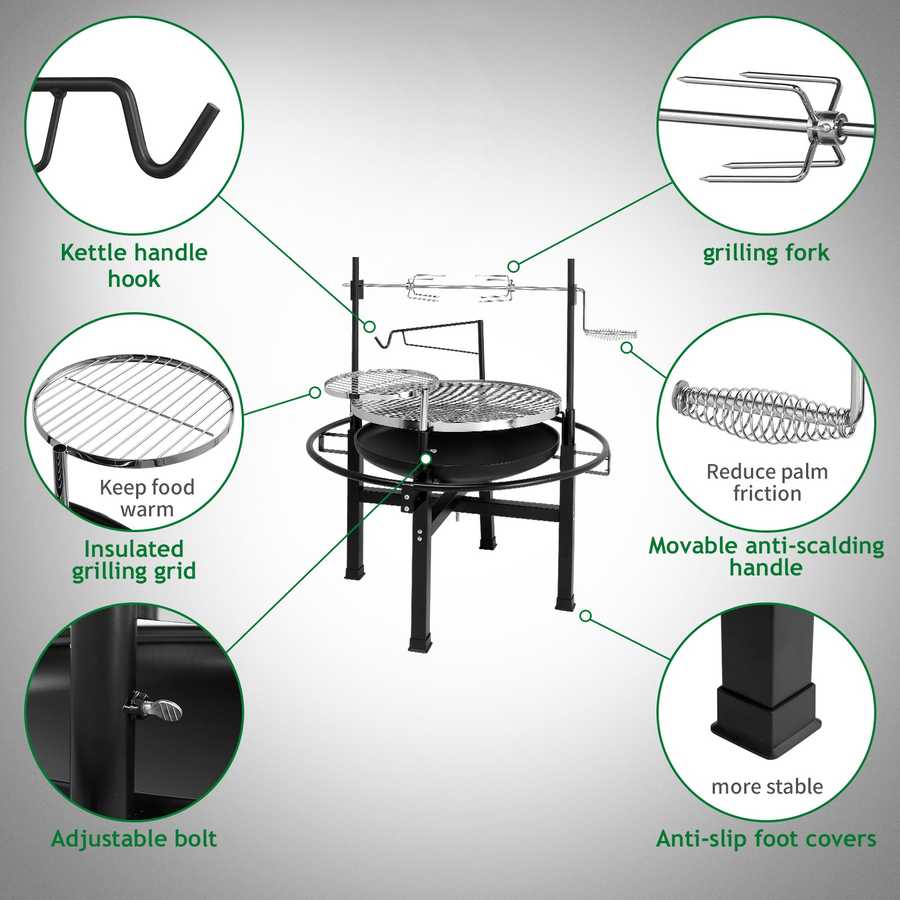 Grill set with various components labeled on a gray background