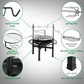 Grill set with various components labeled on a gray background