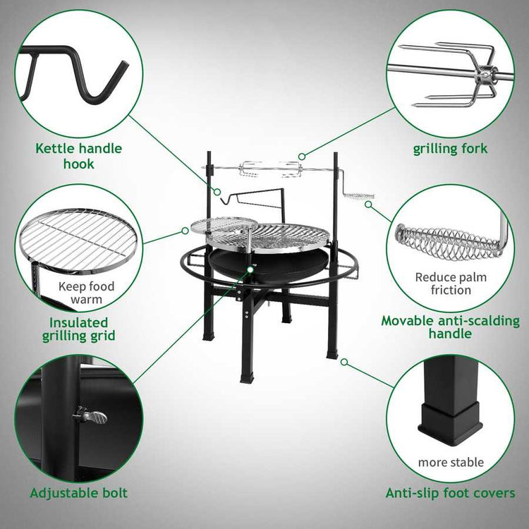 Grill set with various components labeled on a gray background