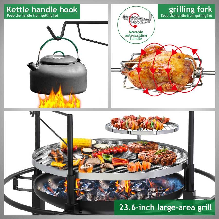 Collage of a kettle handle hook, grilling fork, and 23.6-inch large-area grill with various food items.