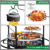 Collage of a kettle handle hook, grilling fork, and 23.6-inch large-area grill with various food items.