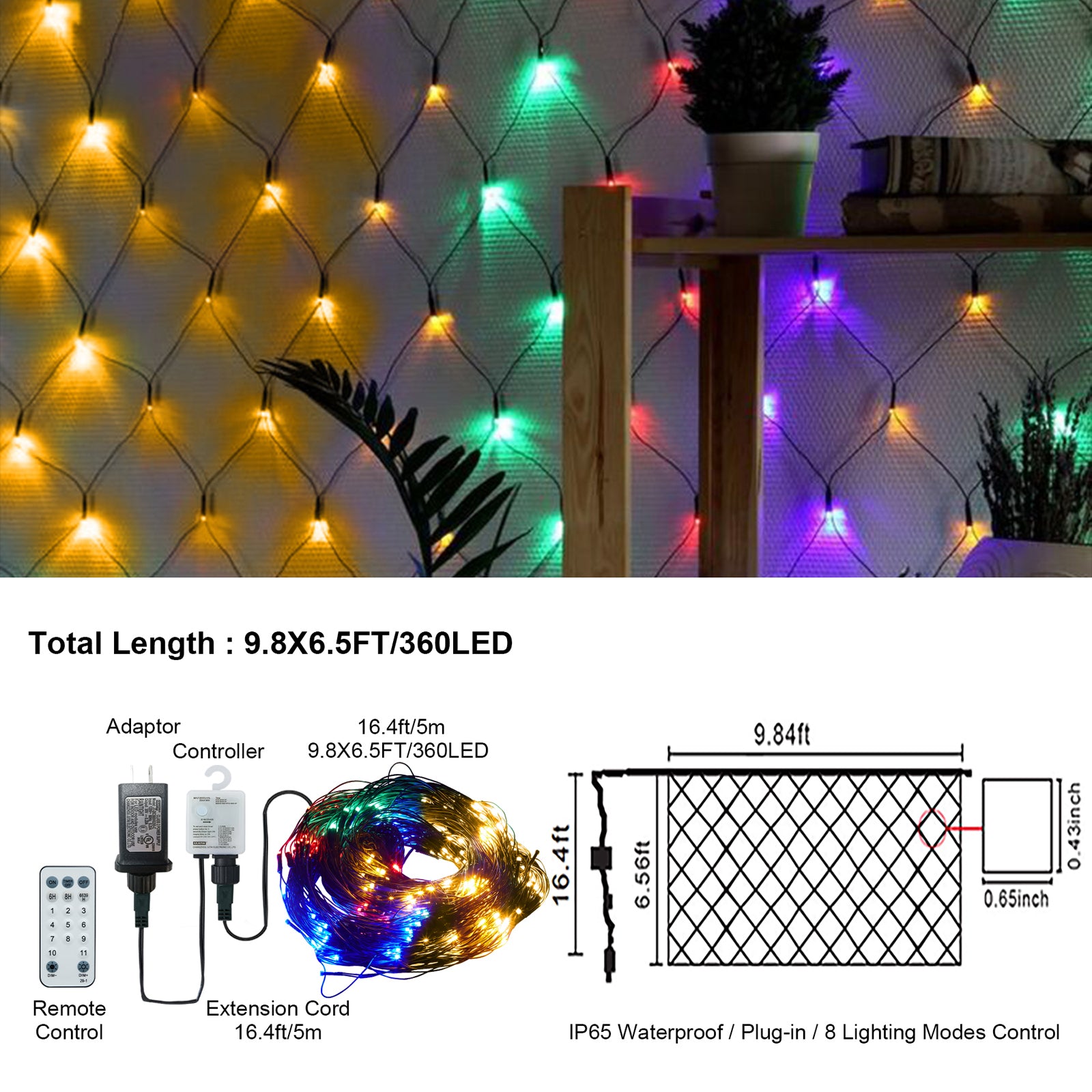 9.8*6.5FT Christmas Mesh Net Light,360 LED Net Light with 8 Modes & Remote, Connectable Net String Christmas Lights for Garden/Bushes/Indoor