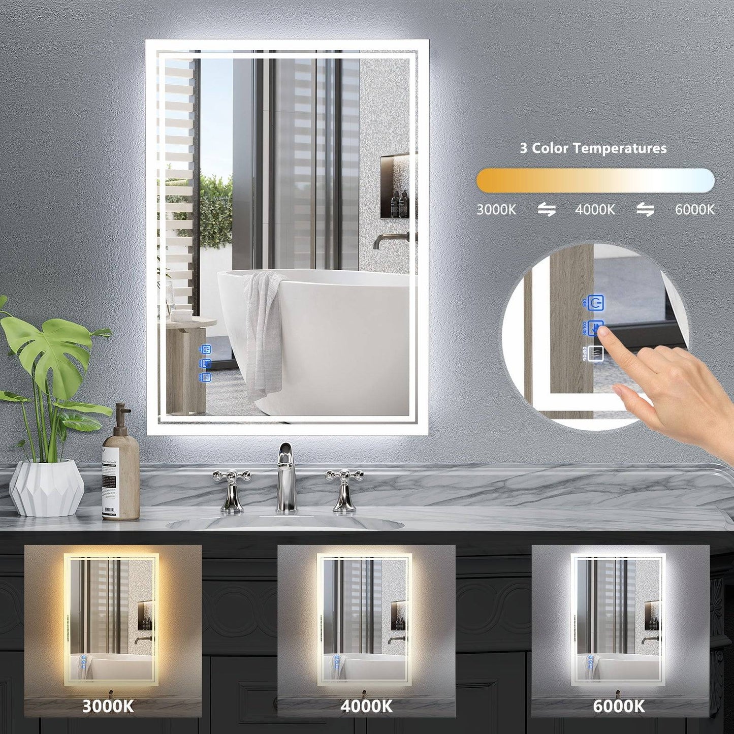 24 x 36 LED Backlit Mirror Bathroom Vanity with Lights,3 Colors LED Mirror for Bathroom， Anti-Fog, Dimmable, CRI90+, Touch Button, Water Proof