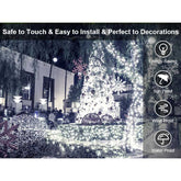 Decorative outdoor lighting with a Christmas tree and snowflakes, featuring text on features.