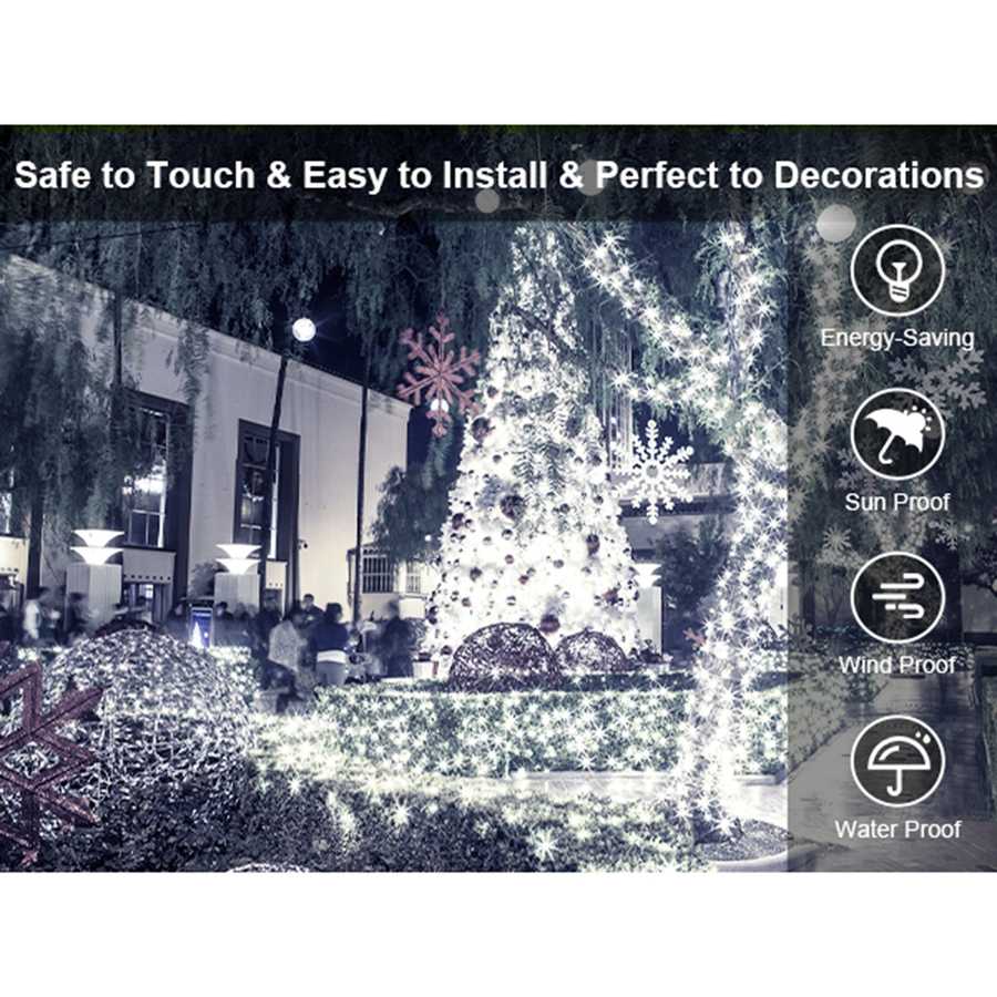 Decorative outdoor lighting with a Christmas tree and snowflakes, featuring text on features.