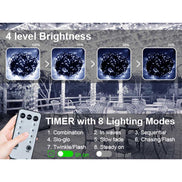 Remote control with lighting display for outdoor string lights, showing brightness levels and timer settings.