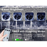 Remote control with lighting display for outdoor string lights, showing brightness levels and timer settings.