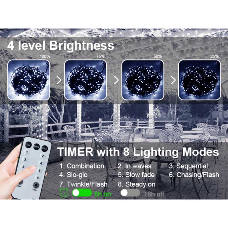 Remote control with lighting display for outdoor string lights, showing brightness levels and timer settings.