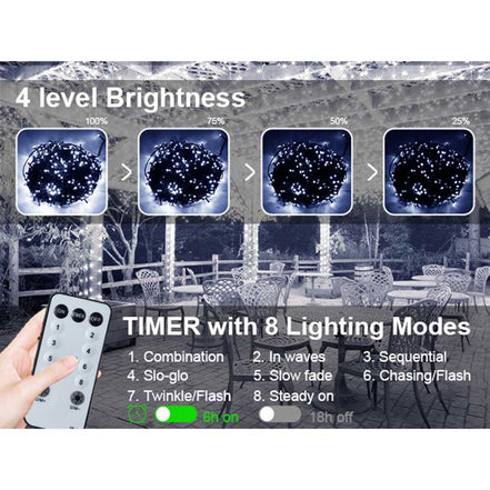 Remote control with lighting display for outdoor string lights, showing brightness levels and timer settings.