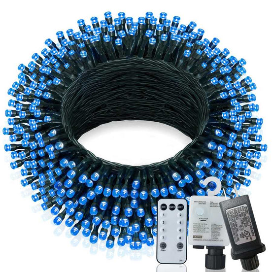 Coiled string light set with blue bulbs and remote control on a white background