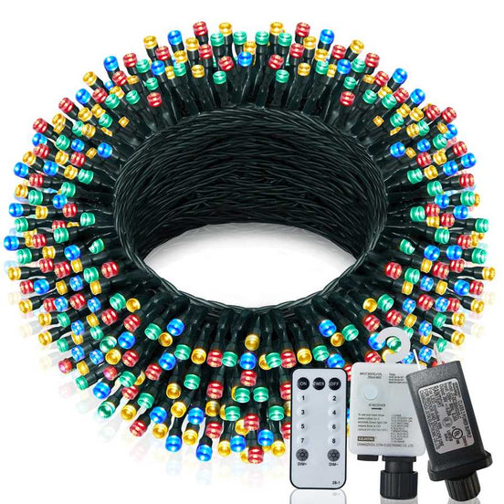Coiled string light set with multicolored bulbs and remote control on a white background