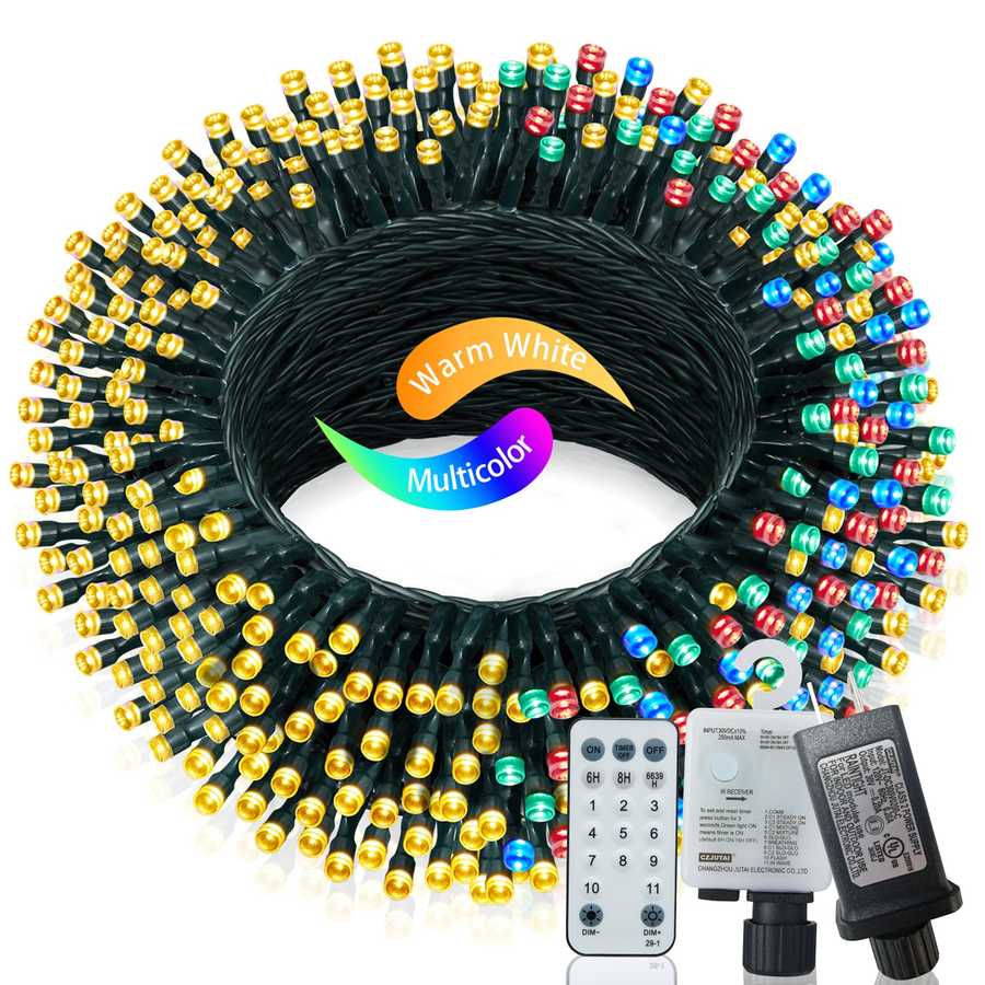 Coiled string light set with multicolor bulbs and remote controls on a white background