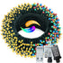 Coiled string light set with multicolor bulbs and remote controls on a white background